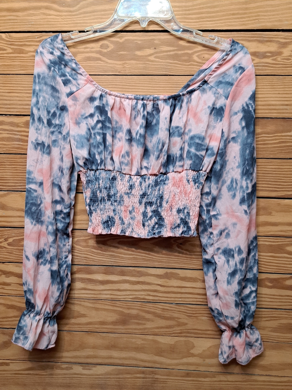 SHEIN Pink & Gray Tie-Dye Smocked Long Sleeve Crop Top